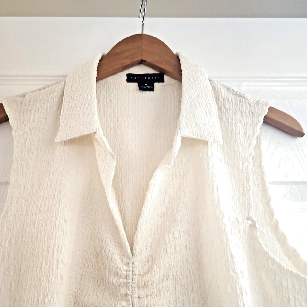 Women's Collared Sleeveless Ruched Top By Sanctuary Ivory  in XL - Picture 3 of 14